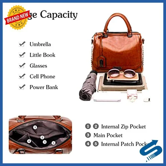 Vintage PU Leather Satchel Crossbody Bag with Adjustable Strap for Work Travel - Picture 6 of 7